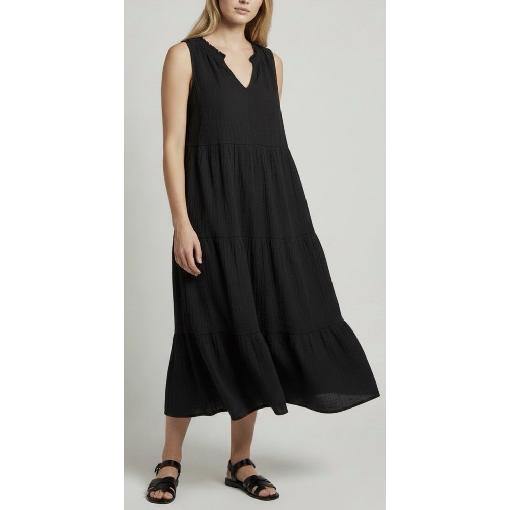 Boden Black Double Cloth Cotton Tiered Midi Dress Sz 8 R Notch Neck Boho